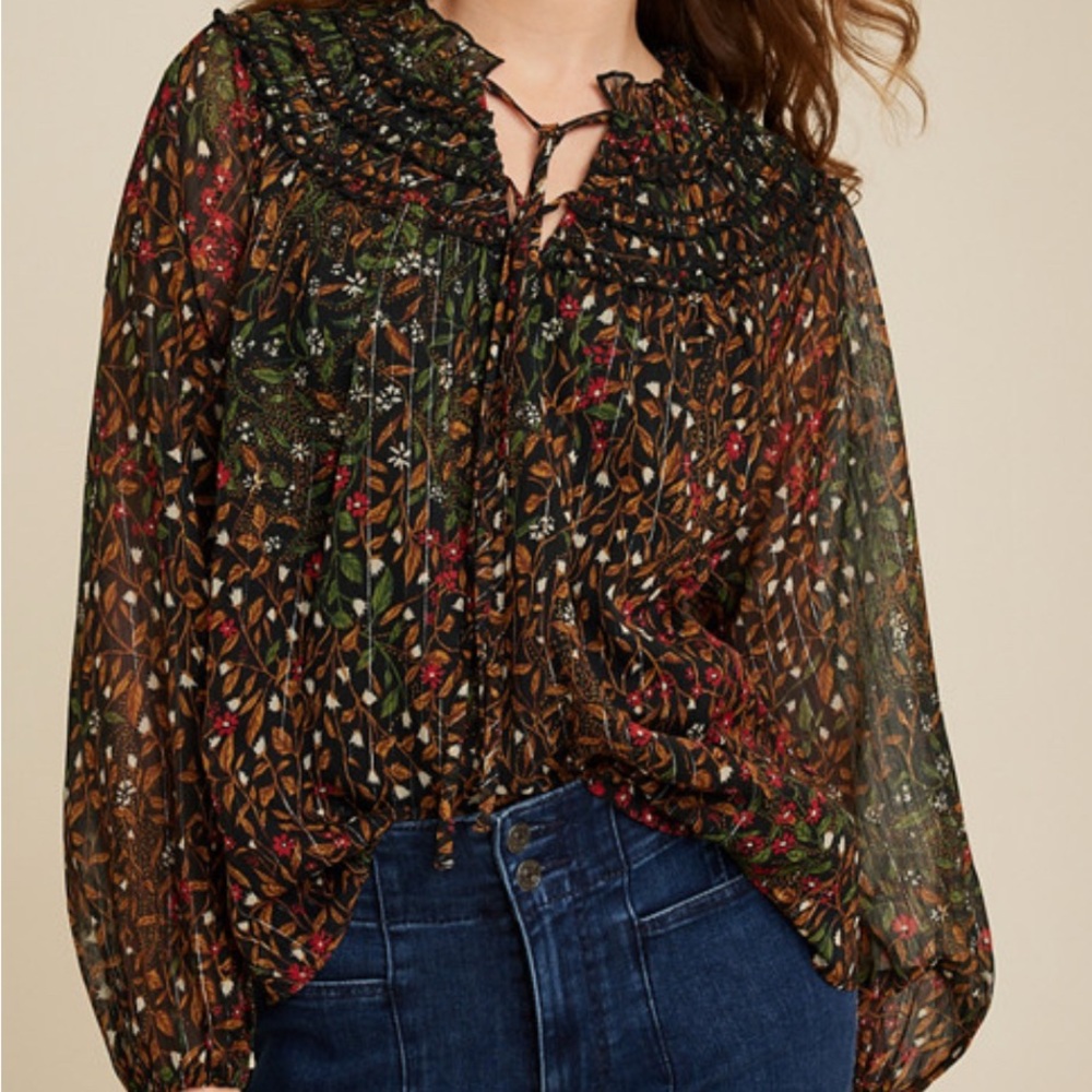 Maurices Plus Size Black Floral Peasant Sleeve Top with Red and Green Accents